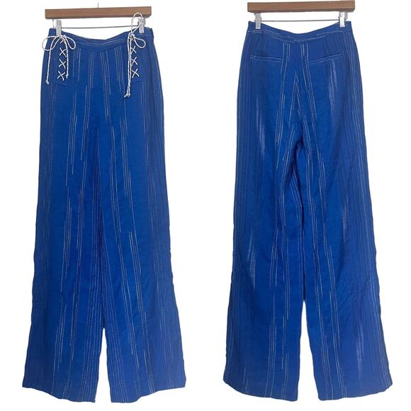AMUR Leah Striped Linen Side Tie Stright Leg Pant in Blue Size 6 - Picture 4 of 16
